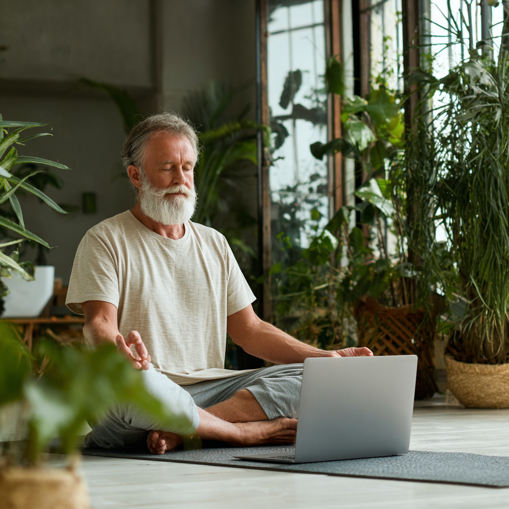 Мъж на около 60 години, практикуващ йога у дома пред лаптоп, седнал на йога килимче в светла стая със зелени растения