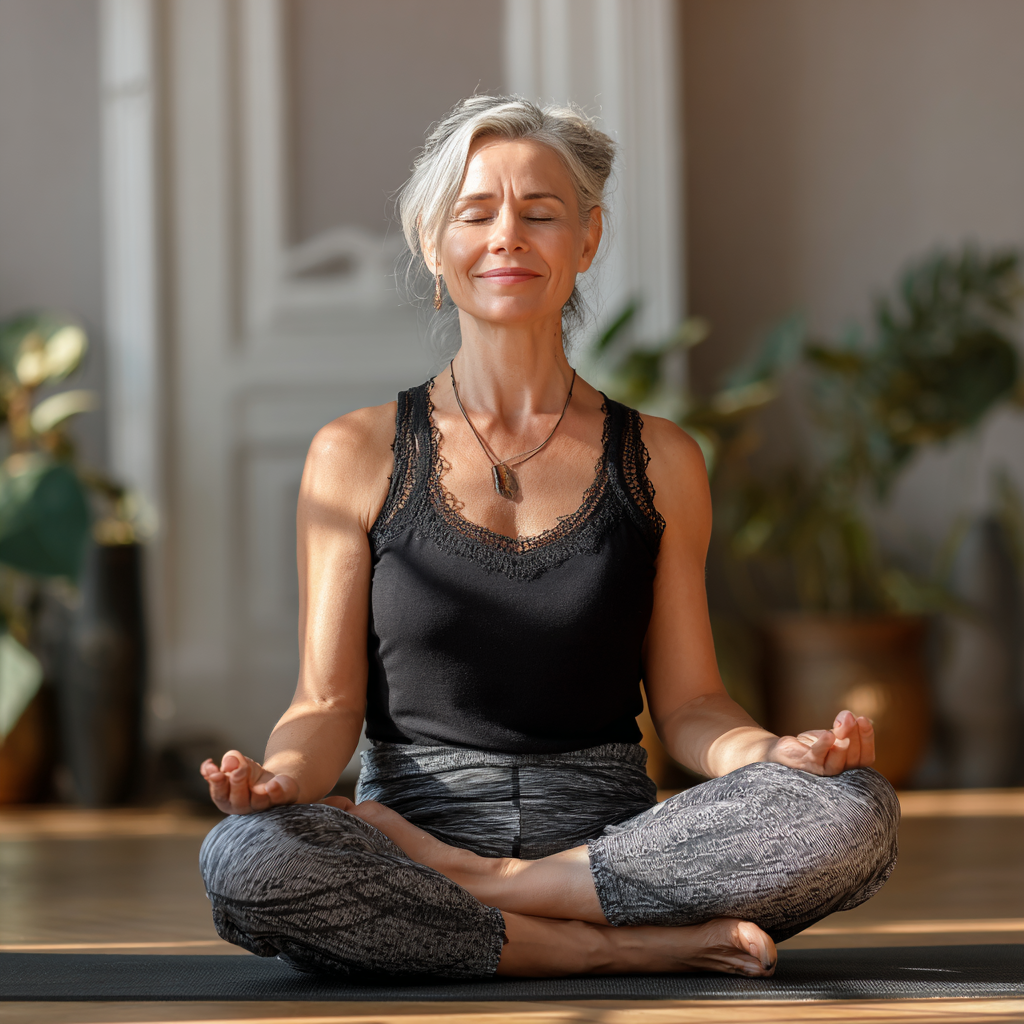Елегантна жена на 55 години в удобни дрехи за йога, седнала в лотусова поза с усмивка и затворени очи в светла йога зала