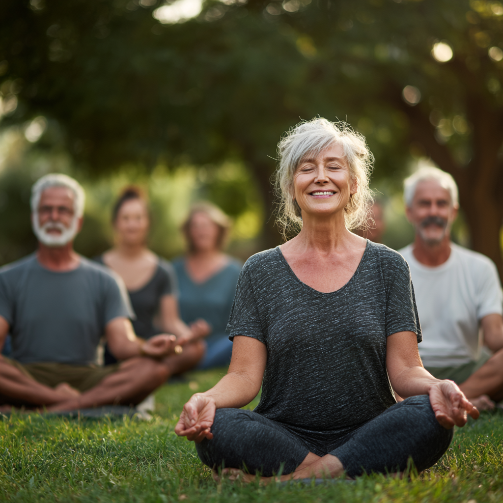 Група усмихнати хора между 50-60 години, практикуващи йога на открито в красива природна обстановка със зелена трева и дървета